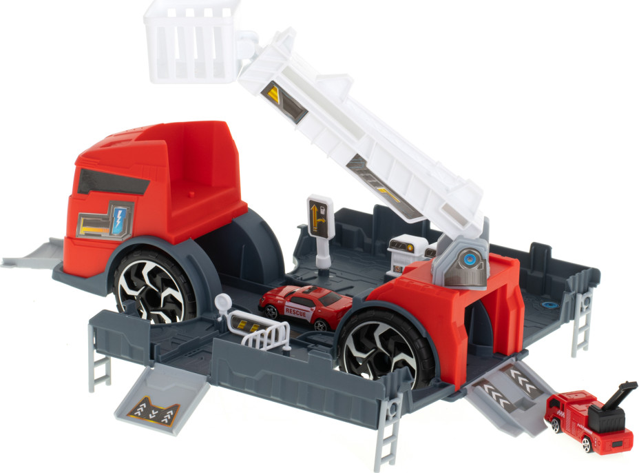 Transportér TIR 2v1 parkovacia garáž hasiči + 3 autá - červená
