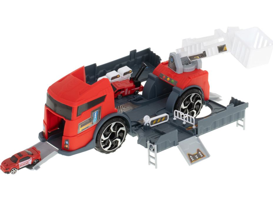 Transportér TIR 2v1 parkovacia garáž hasiči + 3 autá - červená