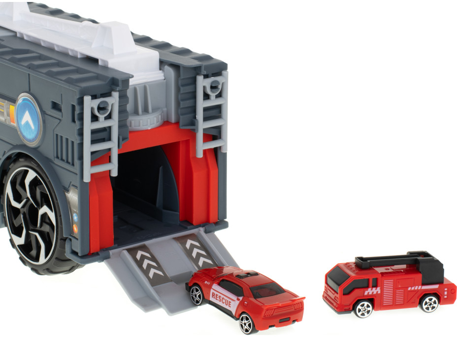 Transportér TIR 2v1 parkovacia garáž hasiči + 3 autá - červená