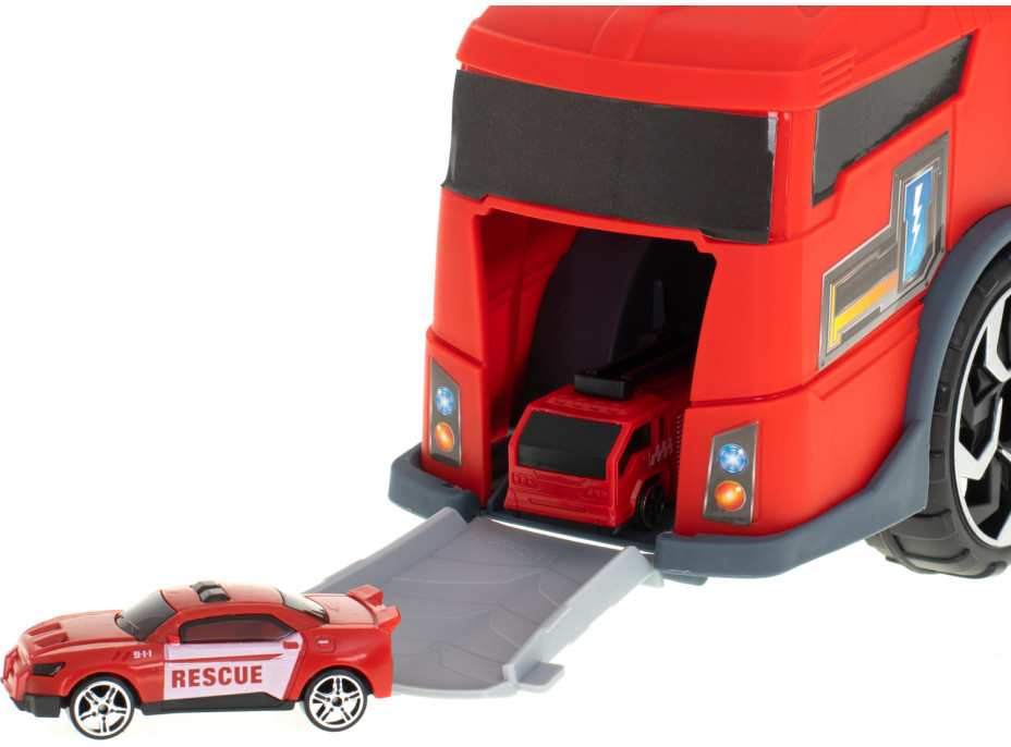 Transportér TIR 2v1 parkovacia garáž hasiči + 3 autá - červená