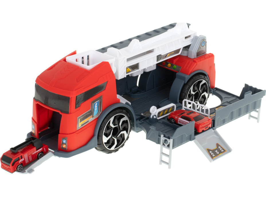 Transportér TIR 2v1 parkovacia garáž hasiči + 3 autá - červená