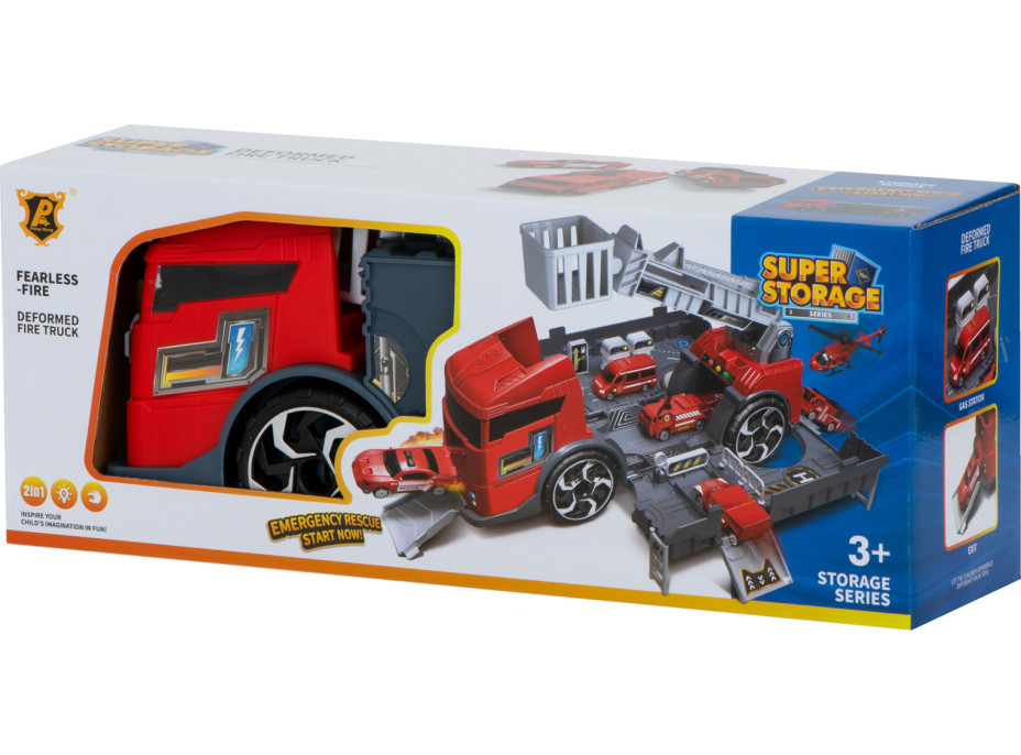 Transportér TIR 2v1 parkovacia garáž hasiči + 3 autá - červená