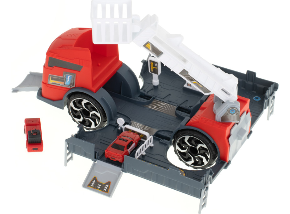 Transportér TIR 2v1 parkovacia garáž hasiči + 3 autá - červená