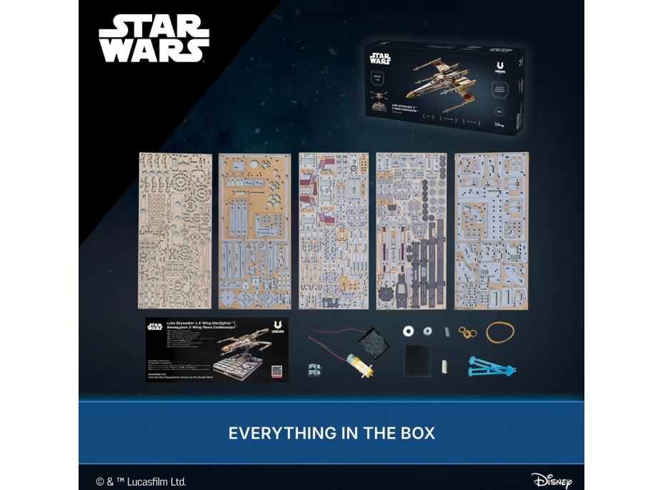 Ugears 3D drevená mechanická skladačka Star Wars Luke Skywalker X-Wing stíhačka