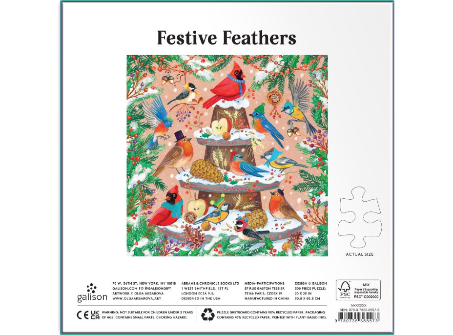 GALISON Metalické štvorcové puzzle Sviatočné vtáctvo 500 dielikov