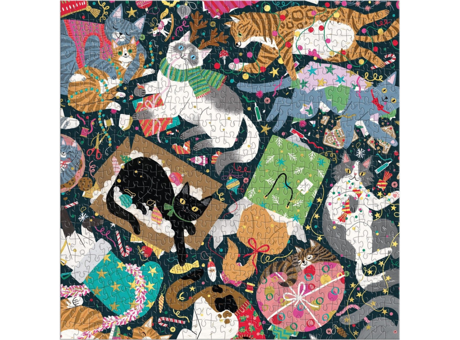 GALISON Metalické štvorcové puzzle Mačacie vianočné chaos 500 dielikov