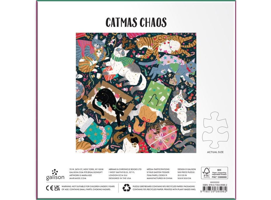 GALISON Metalické štvorcové puzzle Mačacie vianočné chaos 500 dielikov