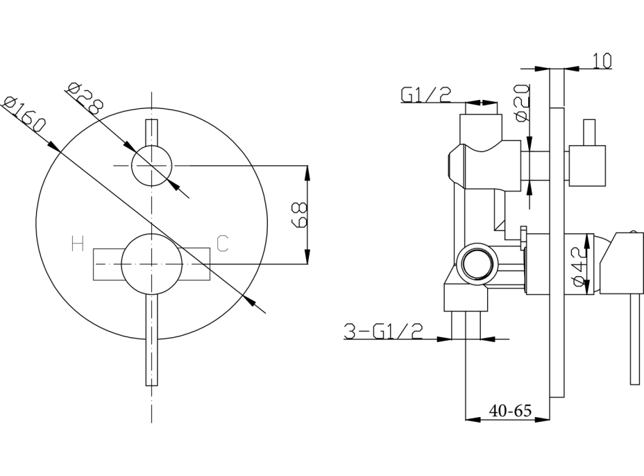 Sapho PAX podomietková sprchová batéria, 2 výstupy, otočný prepínač, chróm XA43