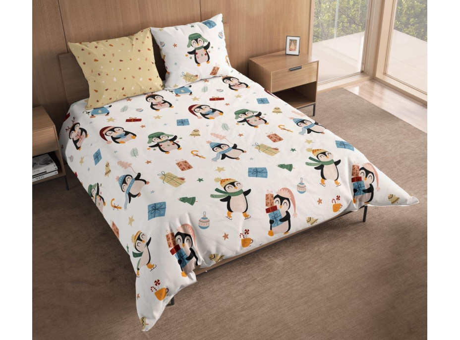 Bavlnené obliečky SCANDIC Tučniaky s darčekmi - biele / béžové - 160x200 cm