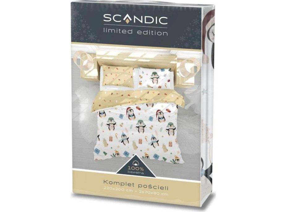 Bavlnené obliečky SCANDIC Tučniaky s darčekmi - biele / béžové - 220x200 cm