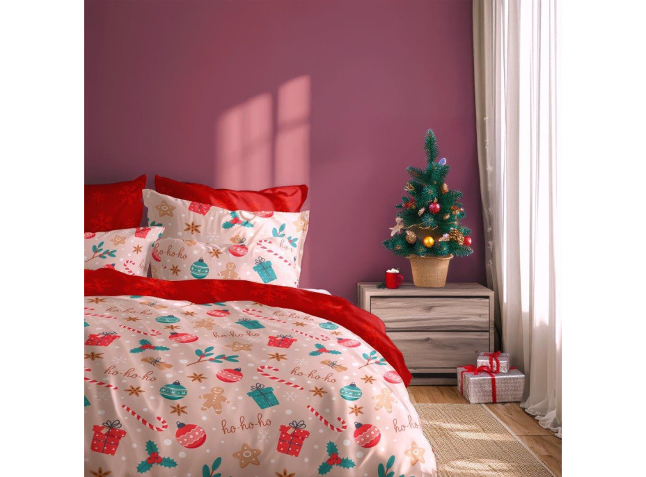 Bavlnené obliečky SCANDIC Vianočný motív - béžové/červené - 140x200 cm