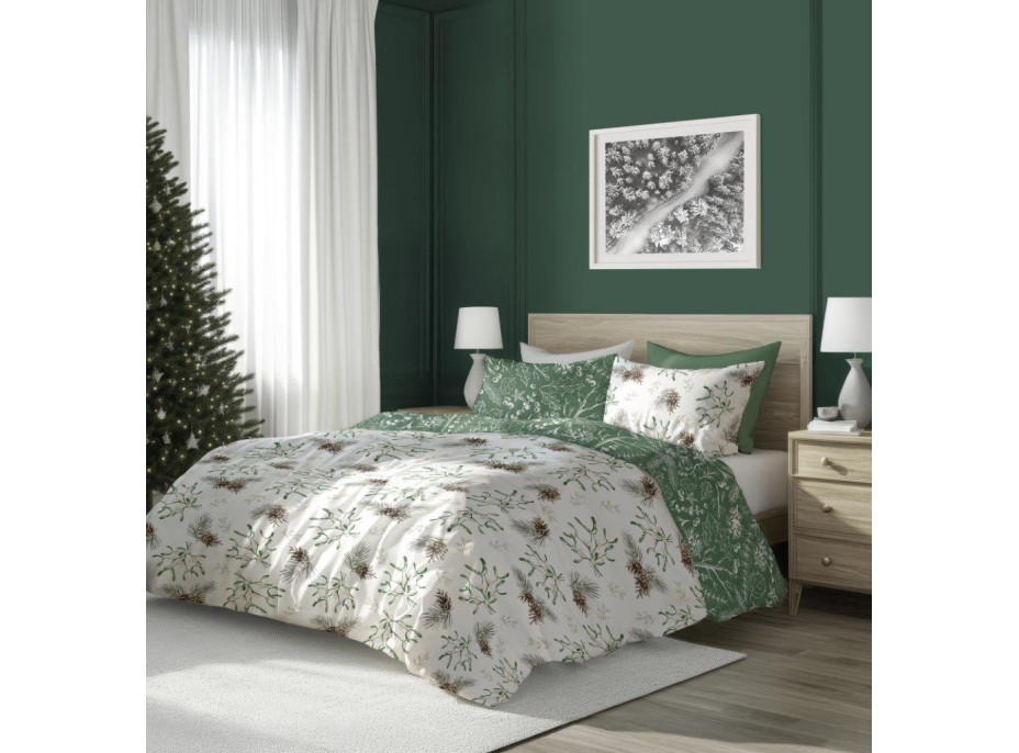 Bavlnené obliečky SCANDIC Imelo a vetvičky - biele / zelené - 140x200 cm