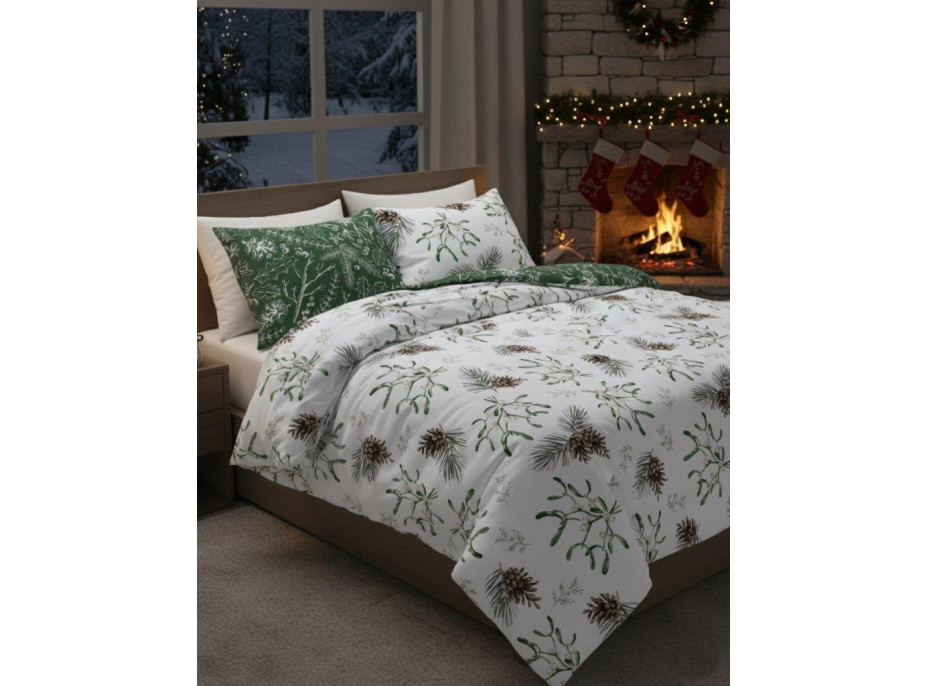 Bavlnené obliečky SCANDIC Imelo a vetvičky - biele / zelené - 140x200 cm