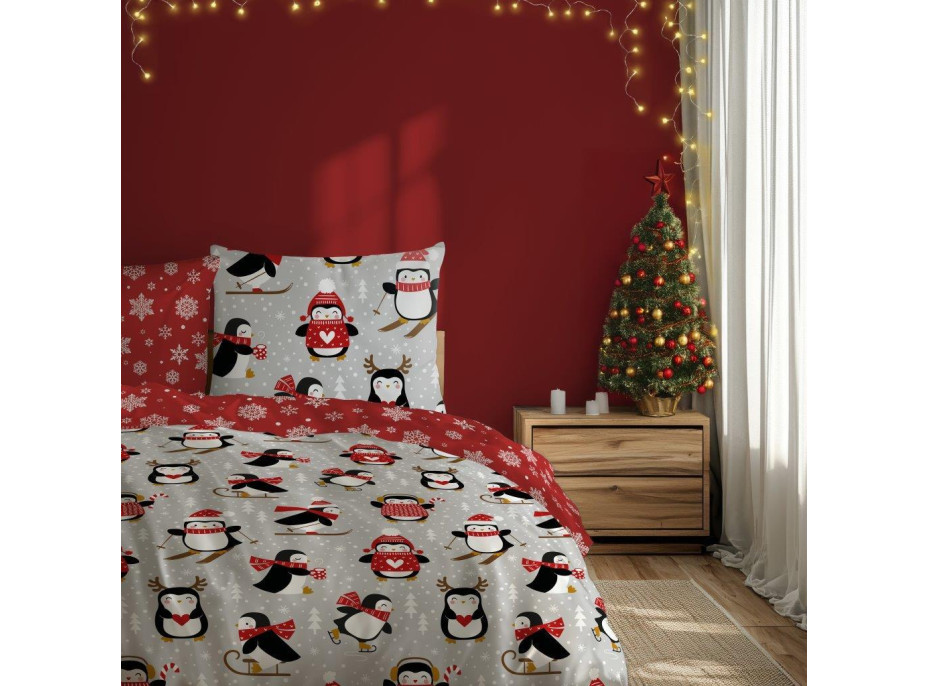 Bavlnené obliečky SCANDIC Tučniaky - šedé / červené - 160x200 cm