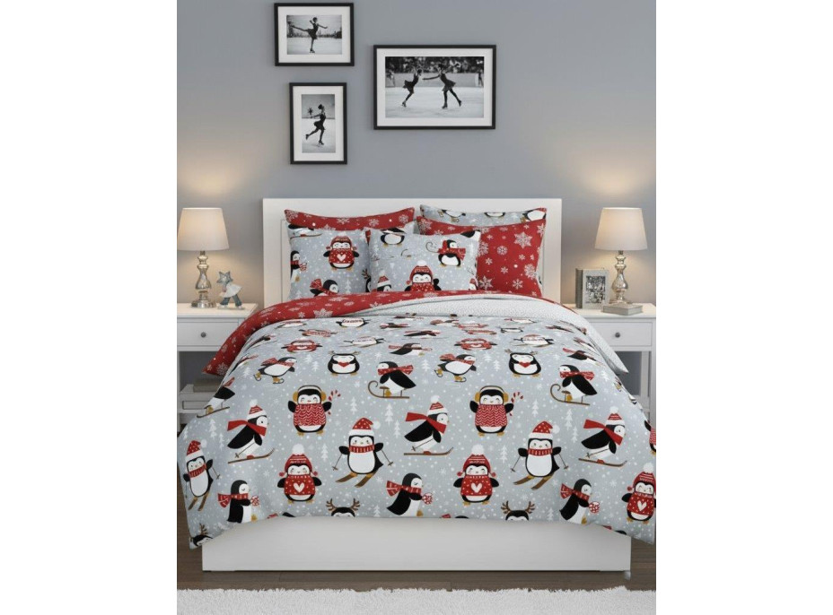 Bavlnené obliečky SCANDIC Tučniaky - šedé / červené - 160x200 cm