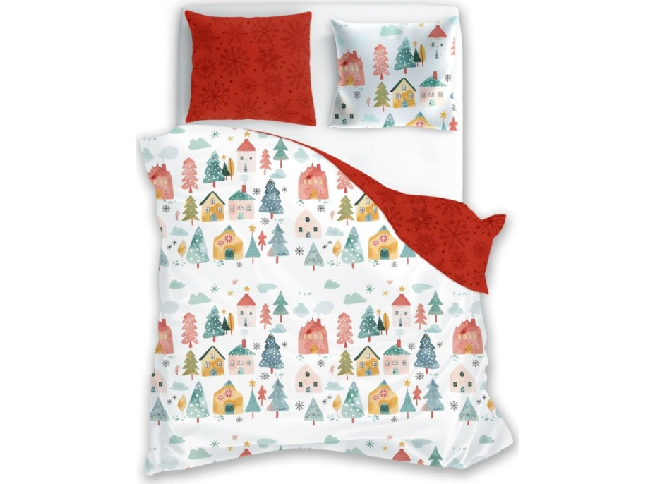 Bavlnené obliečky SCANDIC Zimná dedinka - biele / červené - 160x200 cm
