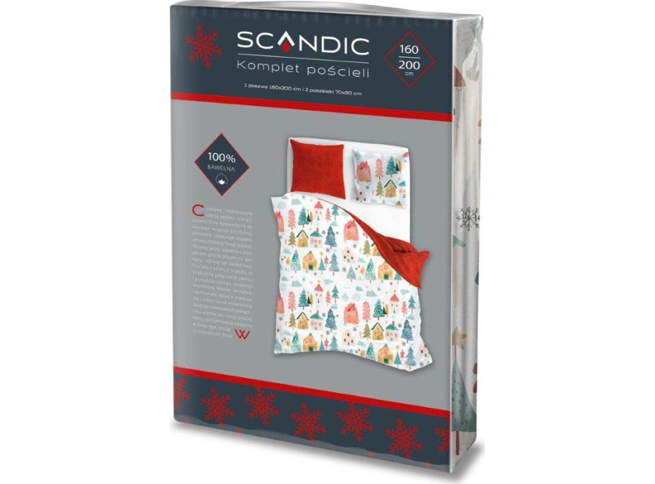 Bavlnené obliečky SCANDIC Zimná dedinka - biele / červené - 160x200 cm