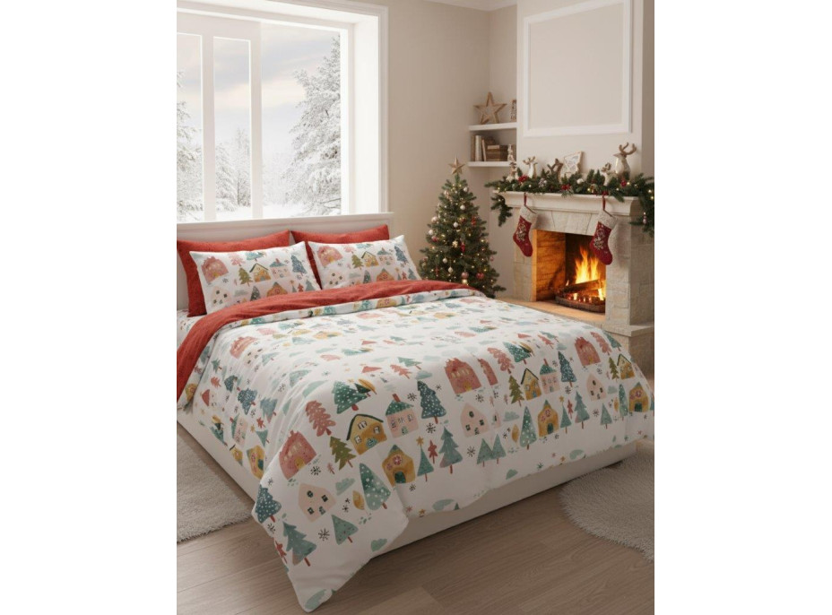 Bavlnené obliečky SCANDIC Zimná dedinka - biele / červené - 160x200 cm