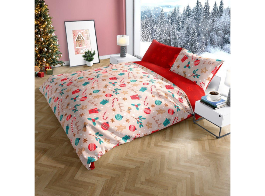 Bavlnené obliečky SCANDIC Vianočný motív - béžové/červené - 160x200 cm