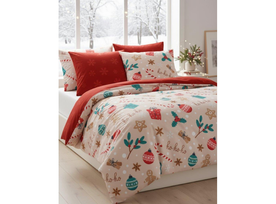 Bavlnené obliečky SCANDIC Vianočný motív - béžové/červené - 160x200 cm