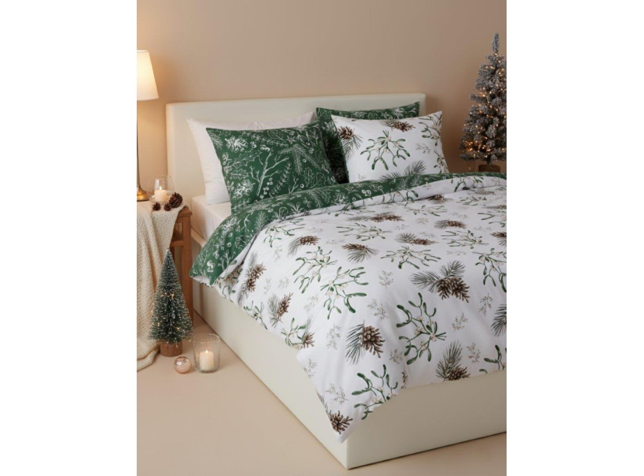 Bavlnené obliečky SCANDIC Imelo a vetvičky - biele / zelené - 160x200 cm