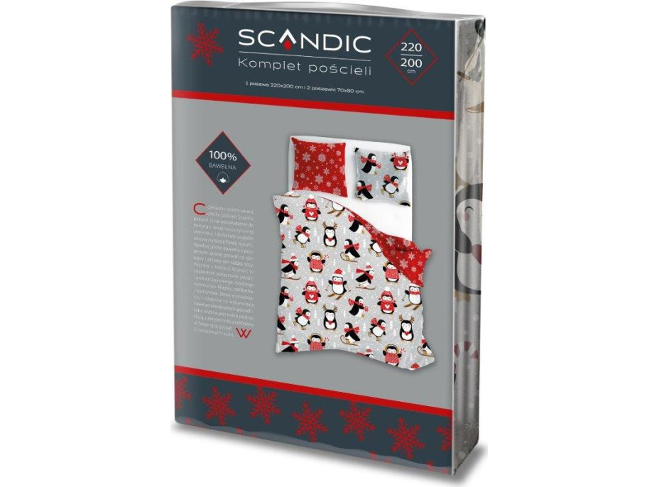 Bavlnené obliečky SCANDIC Tučniaky - šedé / červené - 220x200 cm