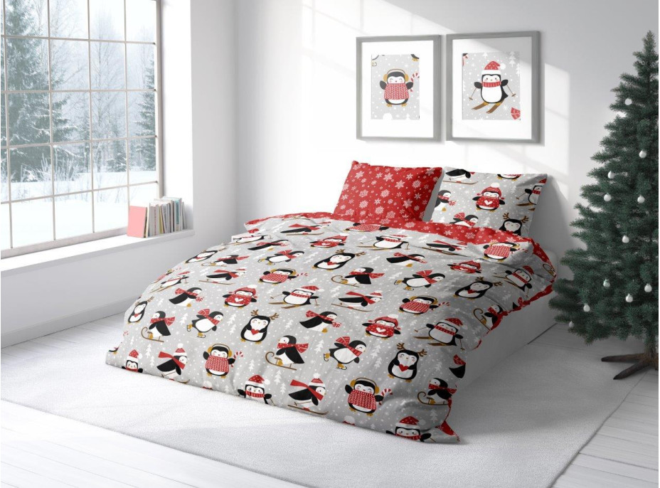 Bavlnené obliečky SCANDIC Tučniaky - šedé / červené - 220x200 cm