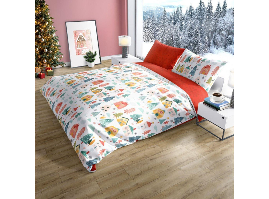 Bavlnené obliečky SCANDIC Zimná dedinka - biele / červené - 220x200 cm