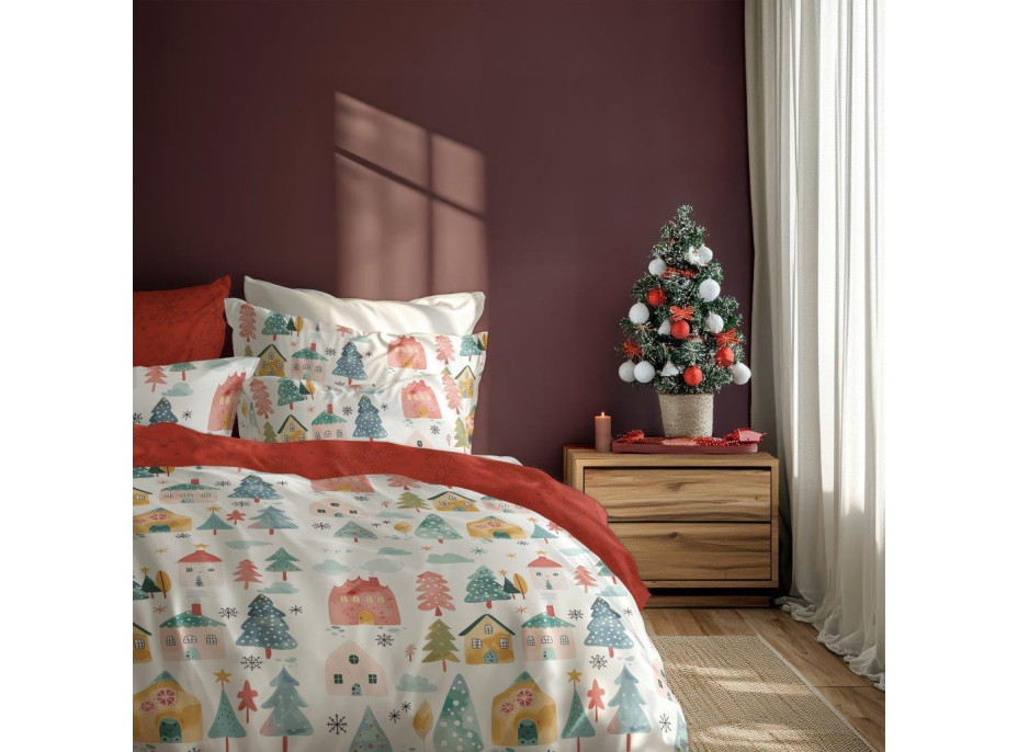 Bavlnené obliečky SCANDIC Zimná dedinka - biele / červené - 220x200 cm