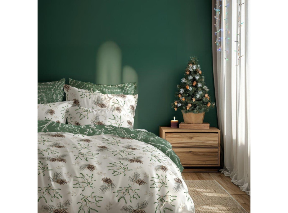 Bavlnené obliečky SCANDIC Imelo a vetvičky - biele / zelené - 220x200 cm