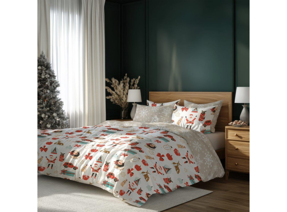 Posteľné obliečky z mikrovlákna HOLLY JOLLY Vianočné motívy - biele / béžové - 140x200 cm
