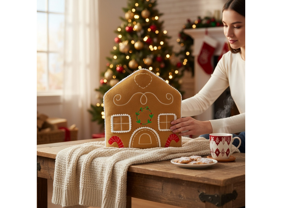 Tvarovaný vankúš PERNÍKOVÝ DOMČEK - 35x25 cm