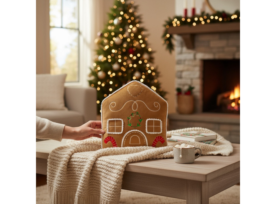 Tvarovaný vankúš PERNÍKOVÝ DOMČEK - 35x25 cm