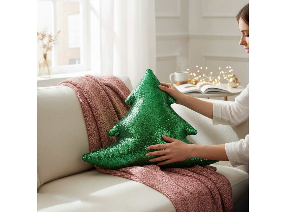 Tvarovaný vankúš GLITTER TREE Stromček - 40 cm - zelený