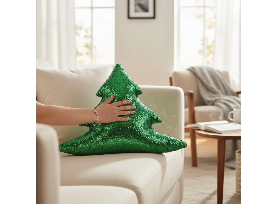 Tvarovaný vankúš GLITTER TREE Stromček - 40 cm - zelený