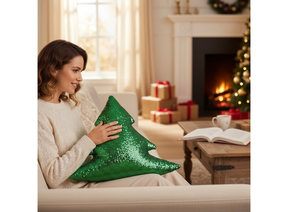 Tvarovaný vankúš GLITTER TREE Stromček - 40 cm - zelený