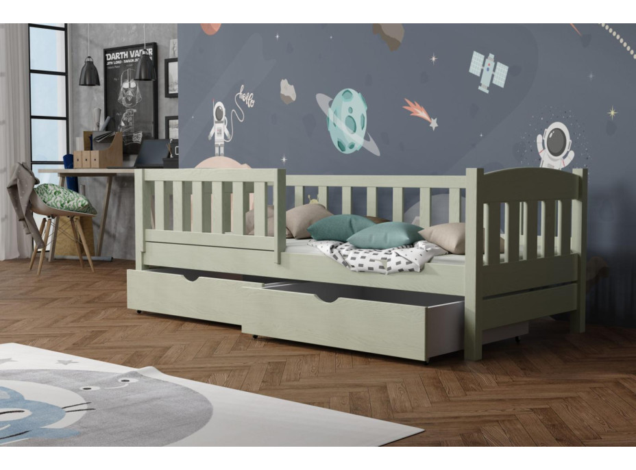 Detská posteľ z masívu borovice BEN so šuplíkmi - 180x80 cm - OLIVOVO ZELENÁ