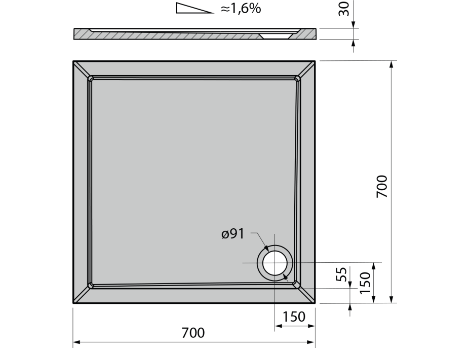 Polysan AURA sprchová vanička z liateho mramoru, štvorec 70x70cm, biela 41651