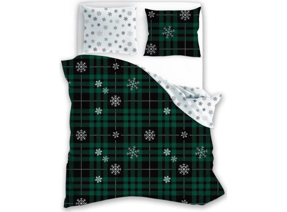 Bavlnené obliečky NORDIC Vločky - tmavo zelené/biele - 160x200 cm + 2x 70x80 cm