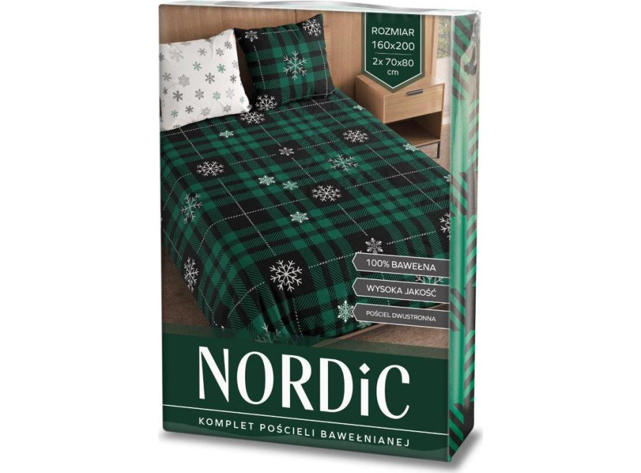 Bavlnené obliečky NORDIC Vločky - tmavo zelené/biele - 160x200 cm + 2x 70x80 cm