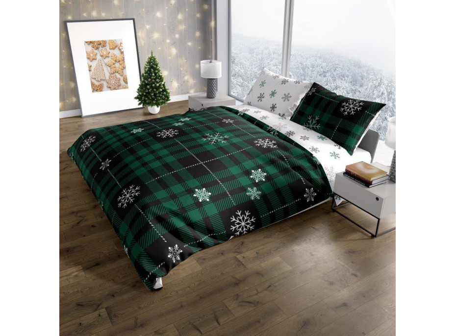 Bavlnené obliečky NORDIC Vločky - tmavo zelené/biele - 160x200 cm + 2x 70x80 cm