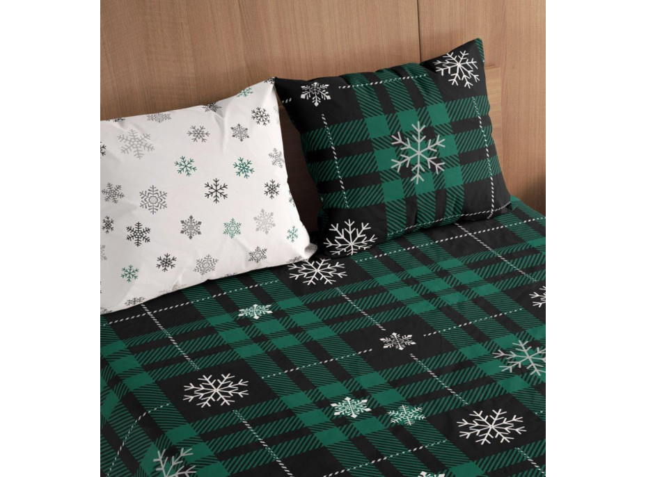 Bavlnené obliečky NORDIC Vločky - tmavo zelené/biele - 160x200 cm + 2x 70x80 cm