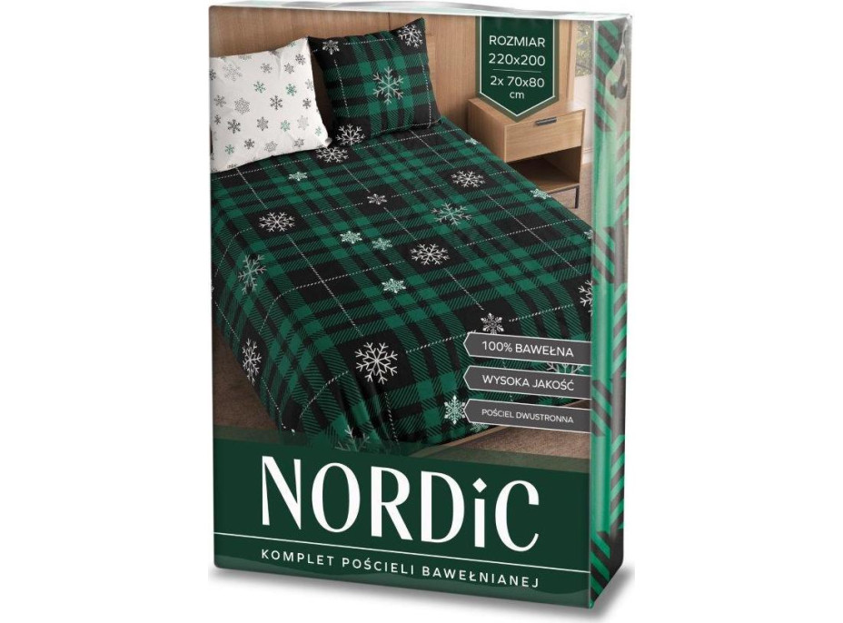 Bavlnené obliečky NORDIC Vločky - tmavo zelené / biele - 220x200 cm + 2x 70x80 cm