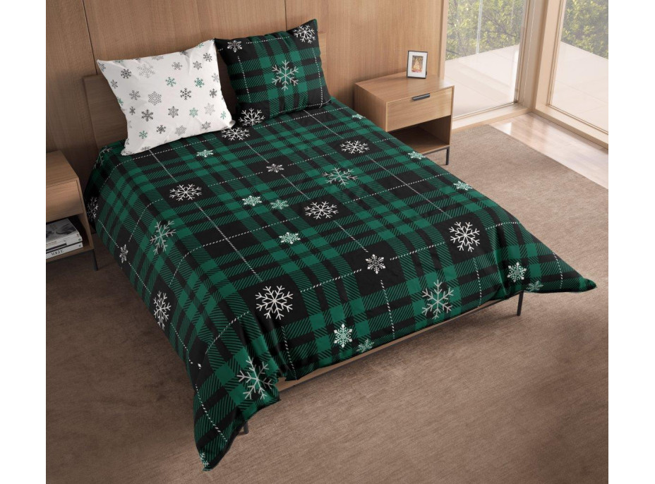 Bavlnené obliečky NORDIC Vločky - tmavo zelené / biele - 220x200 cm + 2x 70x80 cm