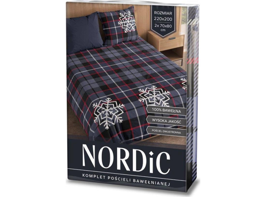 Bavlnené obliečky NORDIC Vločky - tmavo modré - 220x200 cm + 2x 70x80 cm