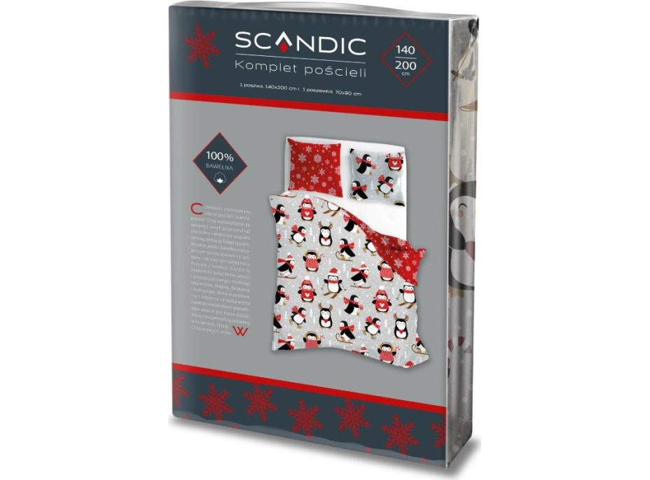 Bavlnené obliečky SCANDIC Tučniaky - šedé / červené - 140x200 cm