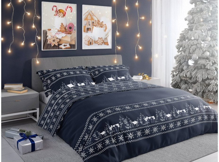Bavlnené obliečky SCANDIC Zimné dediny - tmavo modré - 160x200 cm