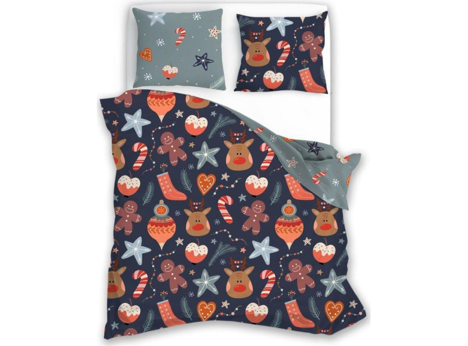 Posteľné obliečky z mikrovlákna HOLLY JOLLY Vianočný motív - tmavo modré / šedé - 160x200 cm