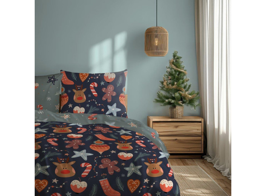 Posteľné obliečky z mikrovlákna HOLLY JOLLY Vianočný motív - tmavo modré / šedé - 160x200 cm