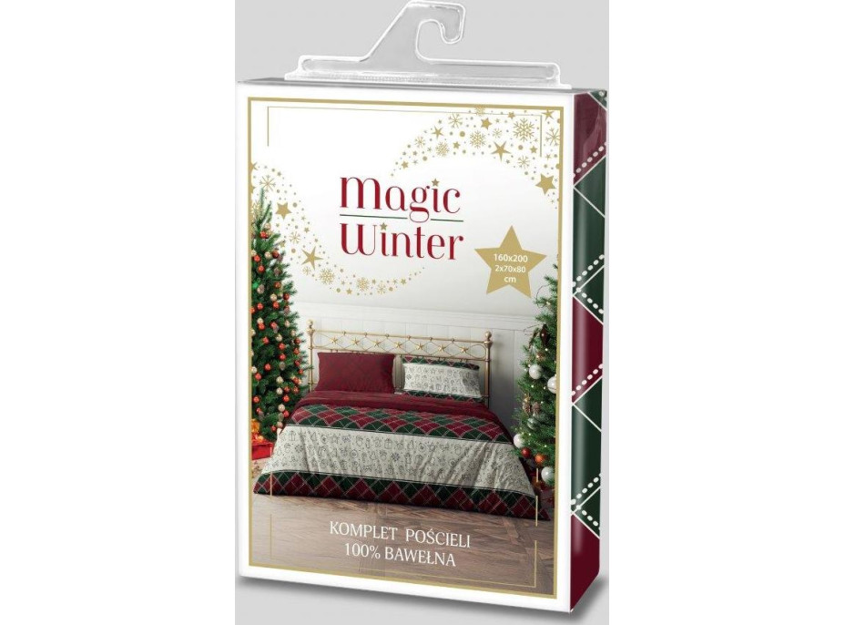 Bavlnené obliečky MAGIC WINTER Karo - zelené / červené - 160x200 cm